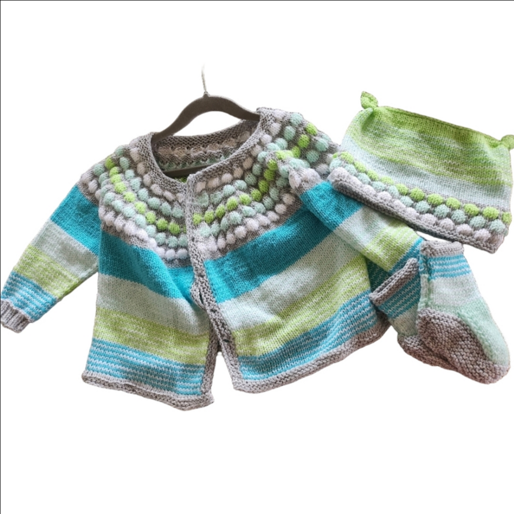 Kids Striped Sweater and Hat Set Blue Green Gray